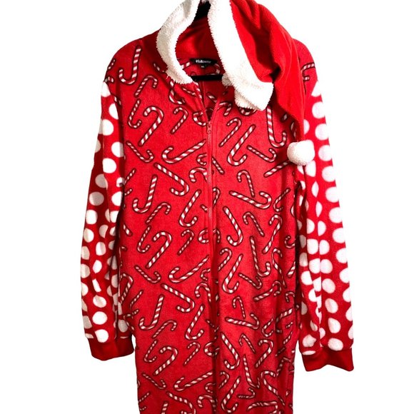 #Follow me Christmas one piece zip up pajamas santa hood candy canes women's XXL - Picture 1 of 13